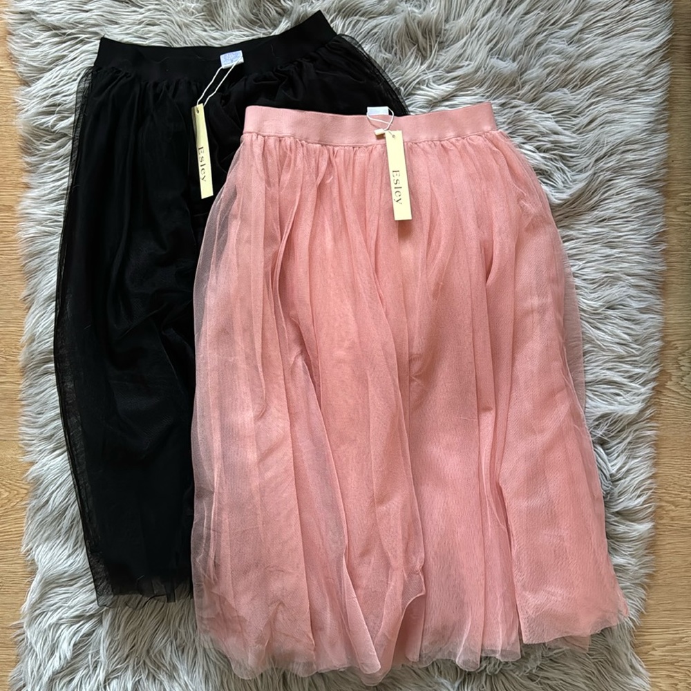 Esley Black & Blush Pink Tulle Midi Skirts Duo